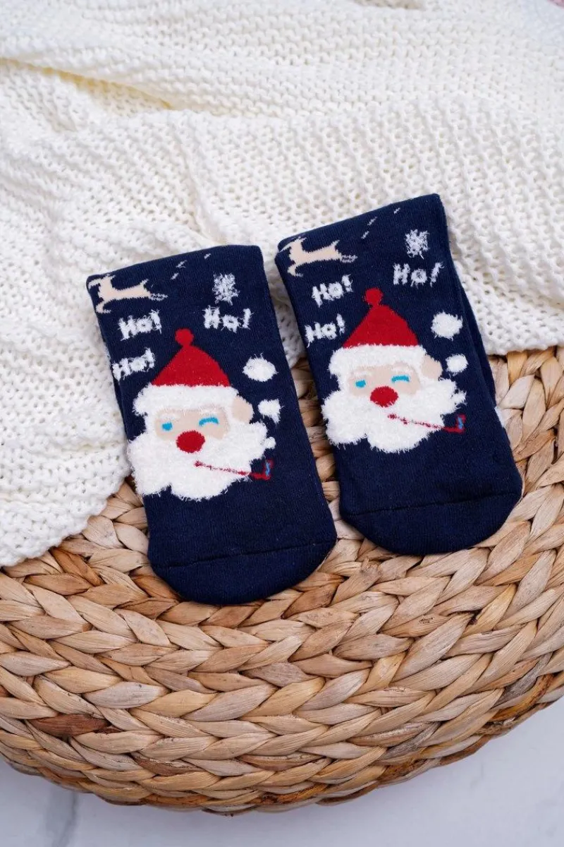 Skarpetki|Skarpetki>Aura.via Damskie Skarpetki Świąteczne Antypoślizgowe Granatowe z Mikołajem