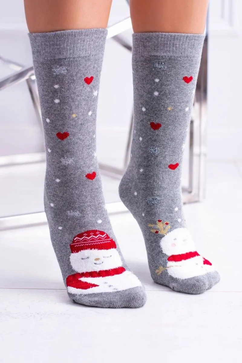 Skarpetki|Skarpetki>Aura.via Damskie Skarpetki Świąteczne Antypoślizgowe Szare Z Bałwankiem
