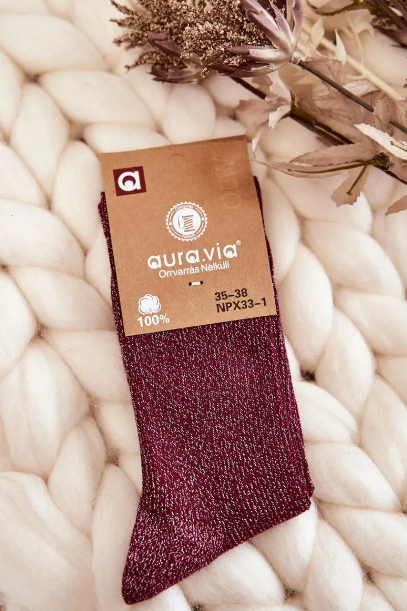 New Damskie Skarpetki Z Błyszczącą Nicią Bordowe Skarpetki|Skarpetki