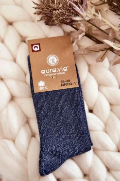 Skarpetki|Skarpetki>Aura.via Damskie Skarpetki Z Błyszczącą Nicią Granatowe