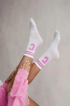 Skarpetki|Skarpetki>Milena Damskie Skarpetki Z Paskami I Literą C Biało-Różowe