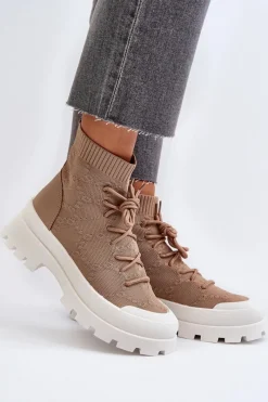 Hot Boto Damskie Skarpetkowe Wsuwane Botki Brązowe Solime