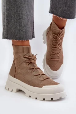 Hot Boto Damskie Skarpetkowe Wsuwane Botki Brązowe Solime