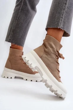 Hot Boto Damskie Skarpetkowe Wsuwane Botki Brązowe Solime