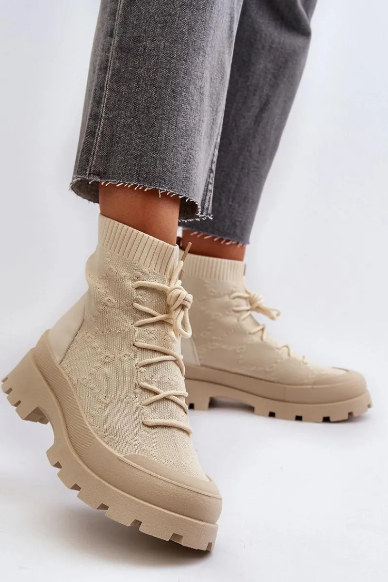 Best Damskie Skarpetkowe Wsuwane Botki Jasnobeżowe Solime Damskie Botki Wiosenne|Botki Sznurowane