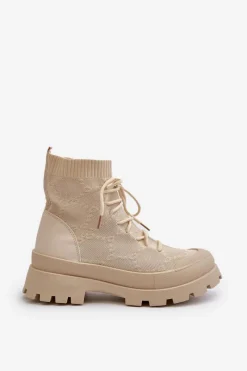 Best Damskie Skarpetkowe Wsuwane Botki Jasnobeżowe Solime Damskie Botki Wiosenne|Botki Sznurowane