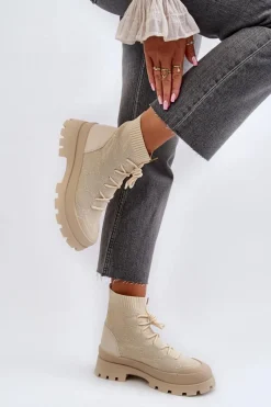 Best Damskie Skarpetkowe Wsuwane Botki Jasnobeżowe Solime Damskie Botki Wiosenne|Botki Sznurowane