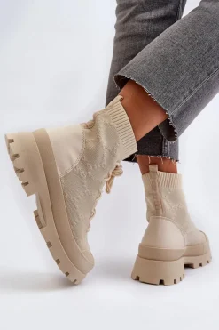 Best Damskie Skarpetkowe Wsuwane Botki Jasnobeżowe Solime Damskie Botki Wiosenne|Botki Sznurowane