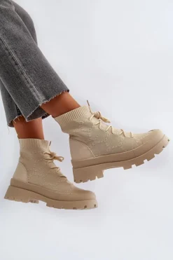 Best Damskie Skarpetkowe Wsuwane Botki Jasnobeżowe Solime Damskie Botki Wiosenne|Botki Sznurowane