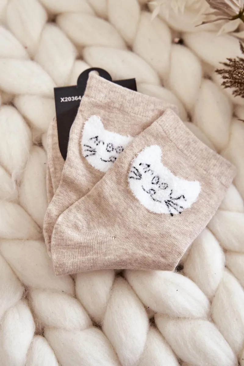 Skarpetki|Skarpetki>Just Play Damskie Skarpety Bawełniane Z Kotem Beżowe