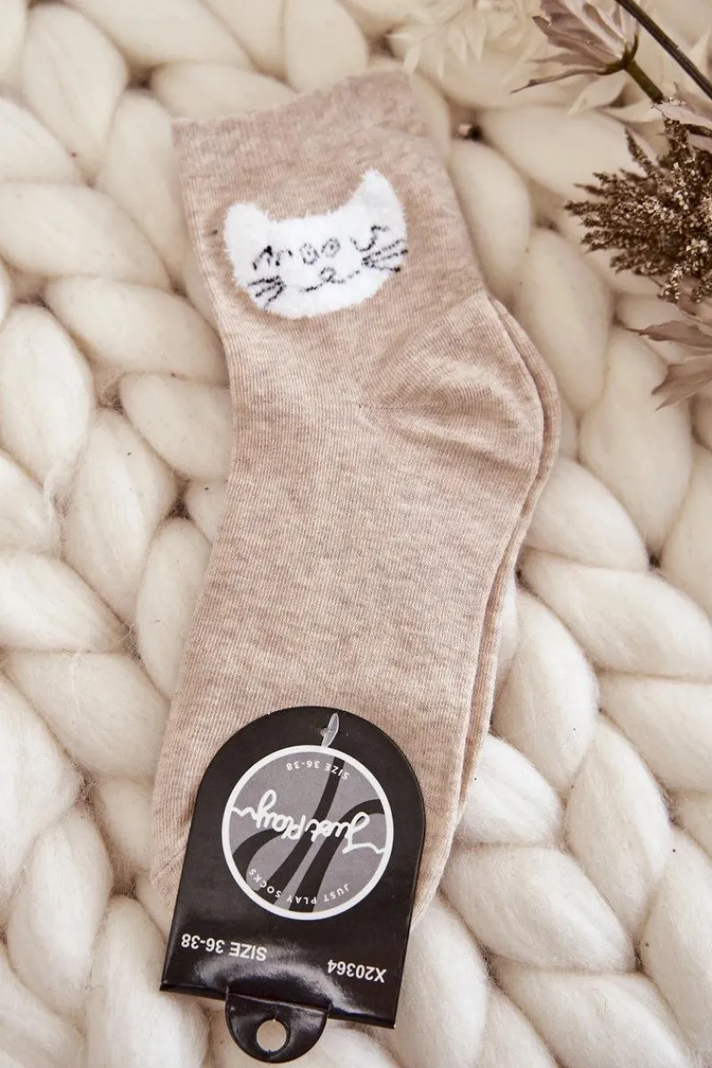 Skarpetki|Skarpetki>Just Play Damskie Skarpety Bawełniane Z Kotem Beżowe