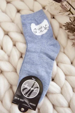 Skarpetki|Skarpetki>Just Play Damskie Skarpety Bawełniane Z Kotem Niebieskie