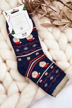 Skarpetki|Skarpetki>Aura.via Damskie Skarpety W Świąteczne Wzory Mikołaj Granatowe