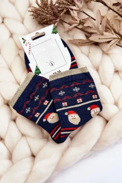Skarpetki|Skarpetki>Aura.via Damskie Skarpety W Świąteczne Wzory Mikołaj Granatowe