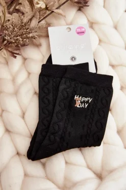 Outlet Damskie Skarpety Wzorzyste Z Napisem I Misiem Czarne Skarpetki|Skarpetki