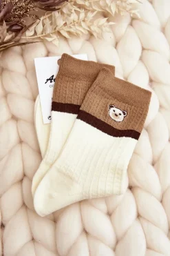 Skarpetki|Skarpetki>Aura.via Damskie Skarpety Z Misiem Kremowe