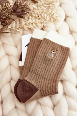 Outlet Damskie Skarpety Z Misiem - Jasny Brąz Skarpetki|Skarpetki