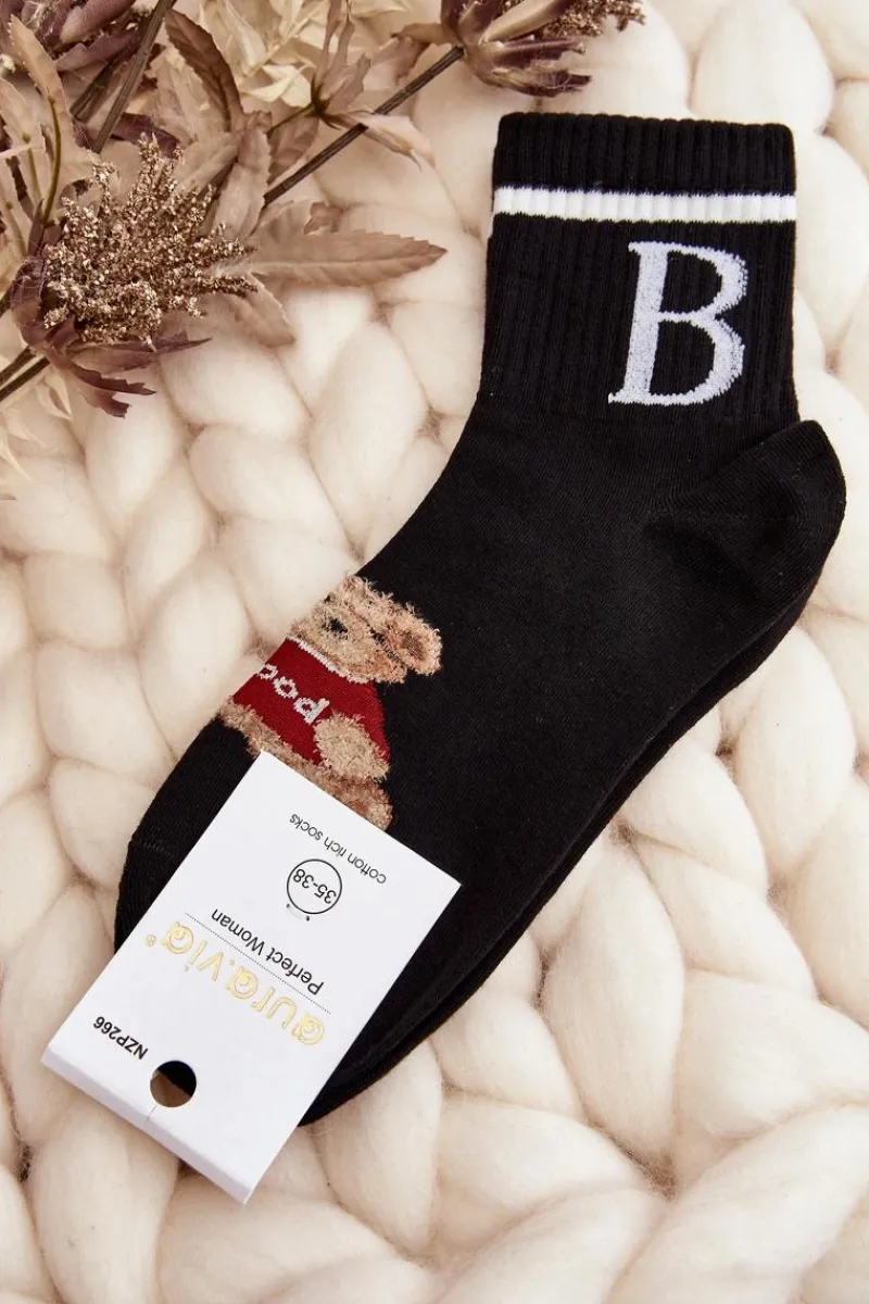 Aura.via Damskie Skarpety Z Misiem Czarne - Wzór 2