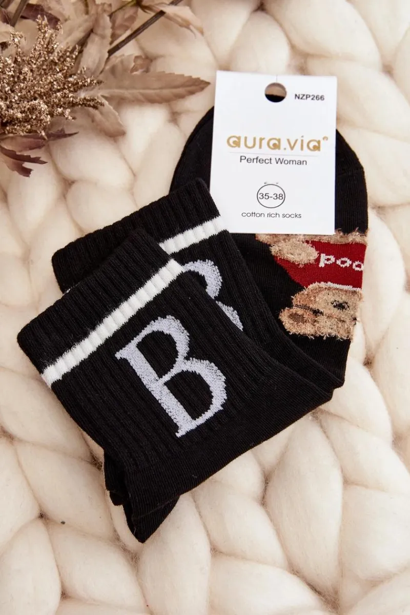 Aura.via Damskie Skarpety Z Misiem Czarne - Wzór 2