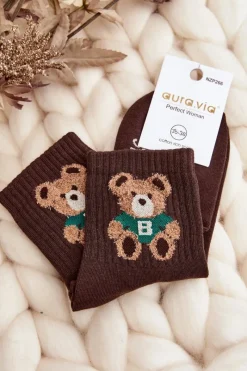 Skarpetki|Skarpetki>Aura.via Damskie Skarpety Z Misiem Brązowe