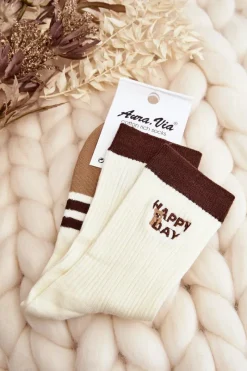 Skarpetki|Skarpetki>Aura.via Damskie Skarpety Z Paskami I Misiem Beżowe