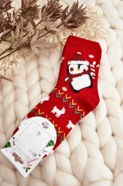 Skarpetki|Skarpetki>Aura.via Damskie Skarpety Z Pingwinkiem Czerwone