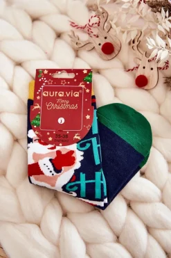 Skarpetki|Skarpetki>Aura.via Damskie Skarpety Ze Świątecznym Wzorem "Ho Ho Ho" Granatowe