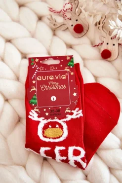 Skarpetki|Skarpetki>Aura.via Damskie Skarpety Ze Świątecznym Wzorem W Renifera Czerwone