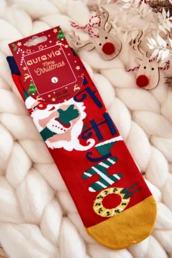 Skarpetki|Skarpetki>Aura.via Damskie Skarpety Ze Świątecznym Wzorem "Ho Ho Ho" Czerwone