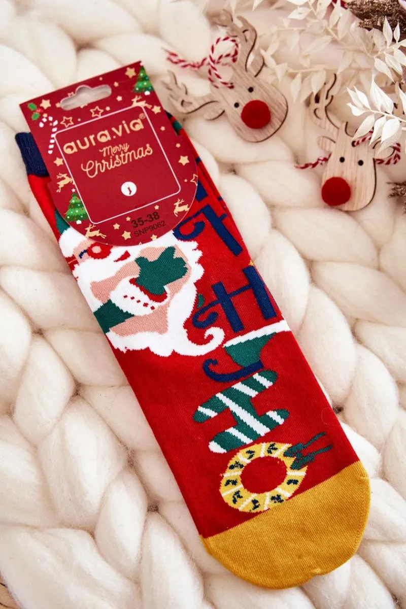 Skarpetki|Skarpetki>Aura.via Damskie Skarpety Ze Świątecznym Wzorem "Ho Ho Ho" Czerwone