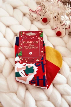 Skarpetki|Skarpetki>Aura.via Damskie Skarpety Ze Świątecznym Wzorem "Ho Ho Ho" Czerwone