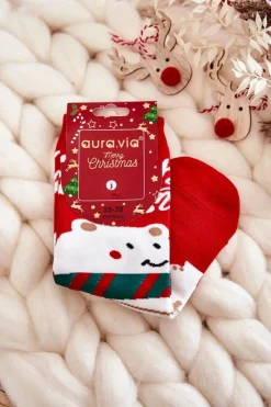 Skarpetki|Skarpetki>Aura.via Damskie Skarpety Ze Świątecznym Wzorem W Misia Czerwone