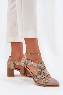 Clearance Maciejka Damskie Skórzane Ażurowe Botki 04962-43 Beżowo-Złote