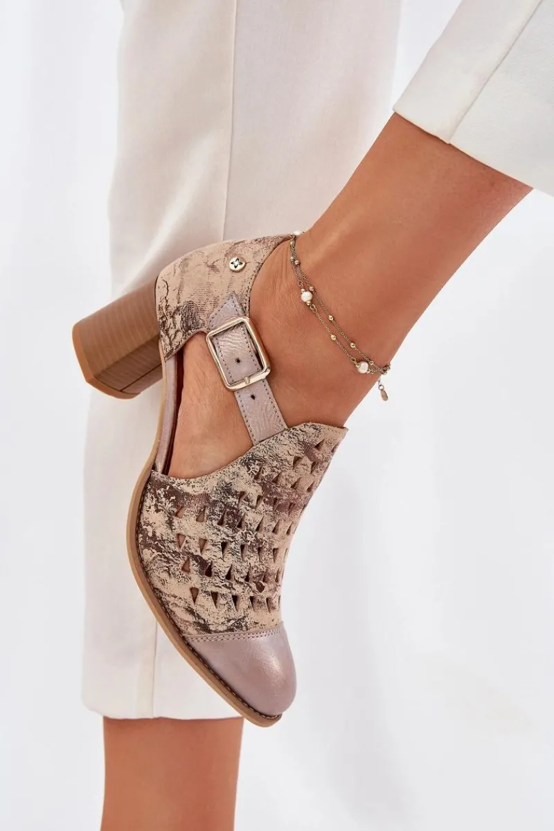 Clearance Maciejka Damskie Skórzane Ażurowe Botki 04962-43 Beżowo-Złote