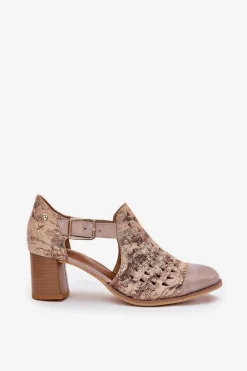 Clearance Maciejka Damskie Skórzane Ażurowe Botki 04962-43 Beżowo-Złote