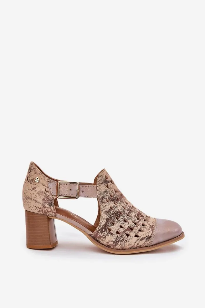 Clearance Maciejka Damskie Skórzane Ażurowe Botki 04962-43 Beżowo-Złote