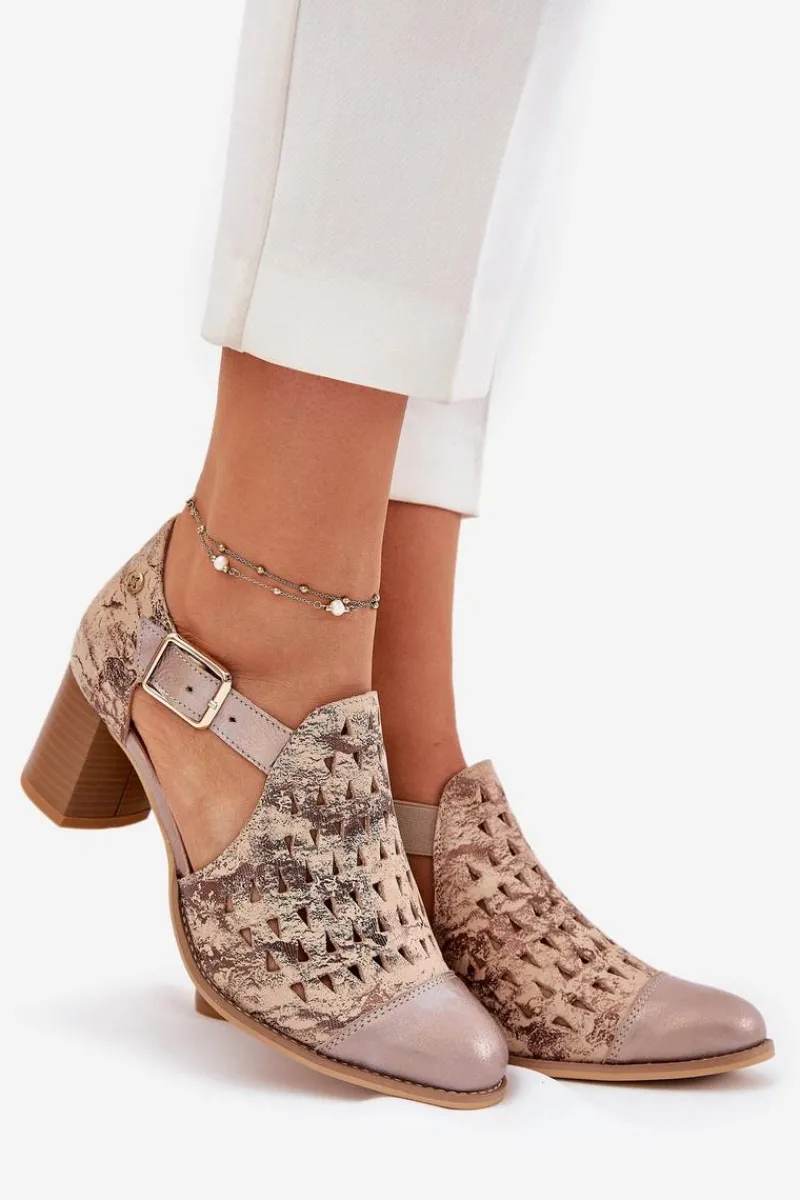Clearance Maciejka Damskie Skórzane Ażurowe Botki 04962-43 Beżowo-Złote