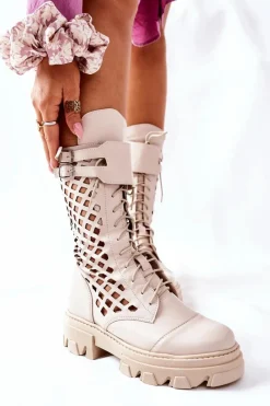 Discount Damskie Skórzane Ażurowe Botki Trapery Beżowe Hootie Damskie Damskie Trapery|Botki Sznurowane