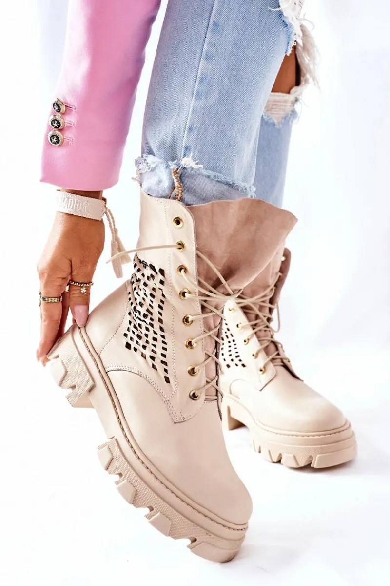 Hot Boto Damskie Skórzane Ażurowe Botki Trapery Beżowe Small Hootie