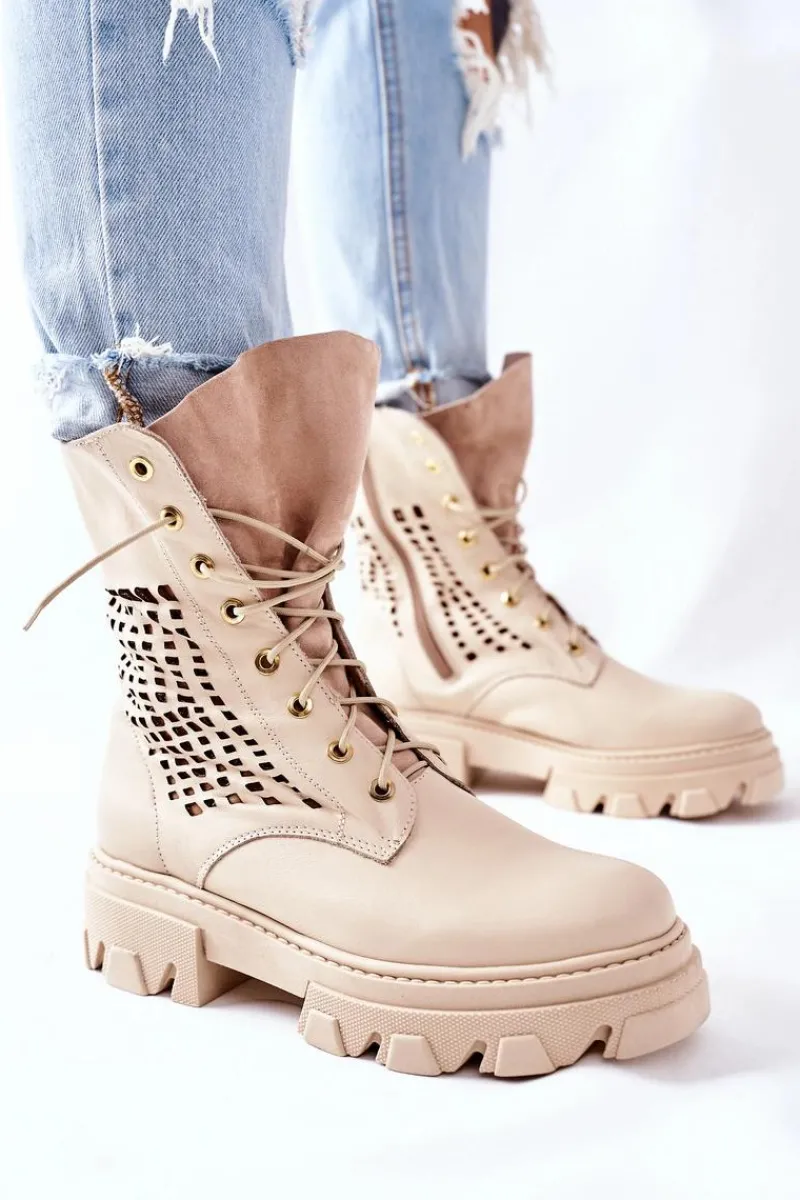 Hot Boto Damskie Skórzane Ażurowe Botki Trapery Beżowe Small Hootie