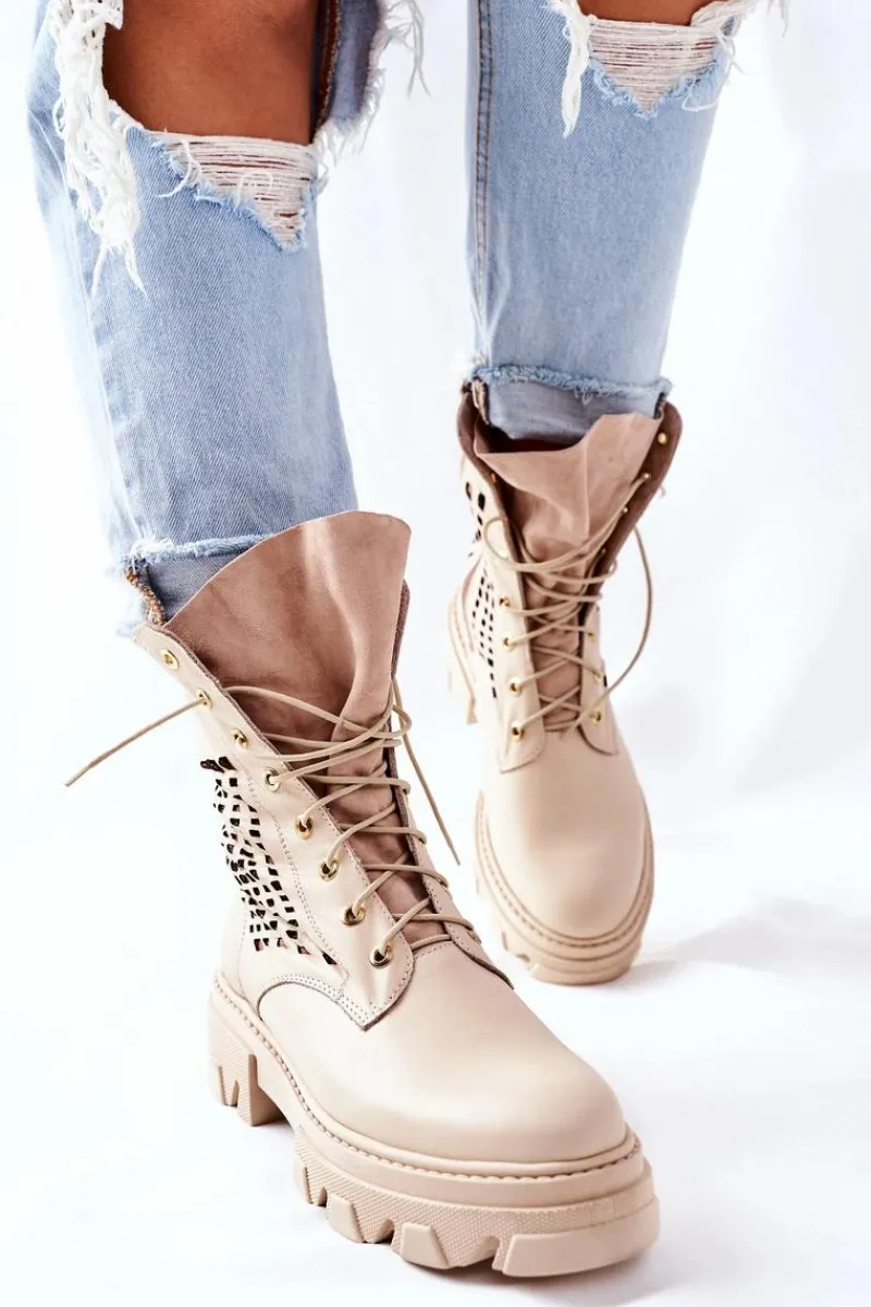 Hot Boto Damskie Skórzane Ażurowe Botki Trapery Beżowe Small Hootie