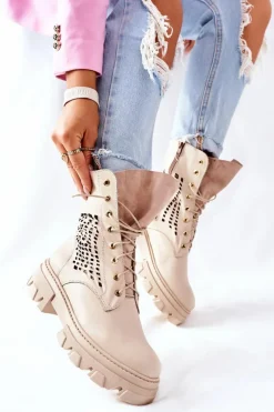 Hot Boto Damskie Skórzane Ażurowe Botki Trapery Beżowe Small Hootie