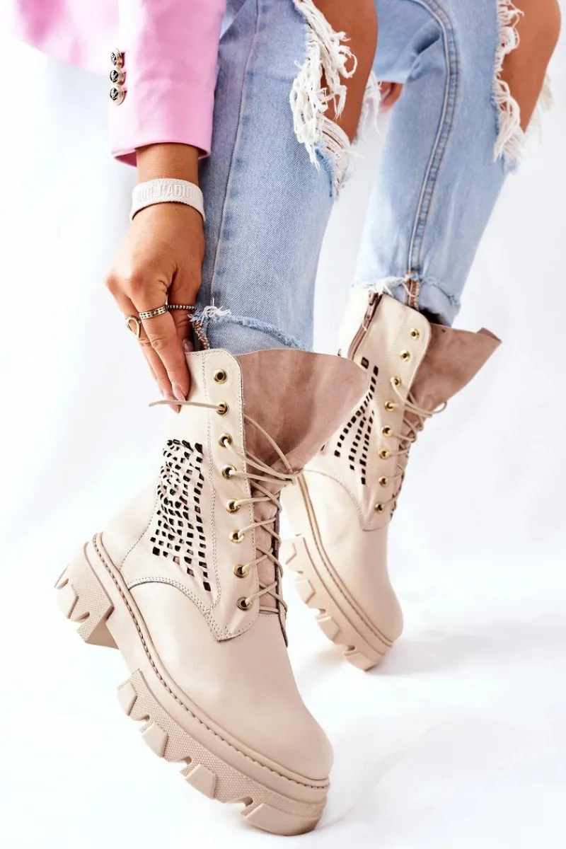 Hot Boto Damskie Skórzane Ażurowe Botki Trapery Beżowe Small Hootie