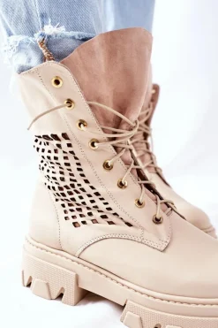 Hot Boto Damskie Skórzane Ażurowe Botki Trapery Beżowe Small Hootie