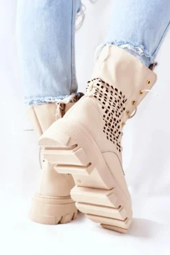 Hot Boto Damskie Skórzane Ażurowe Botki Trapery Beżowe Small Hootie
