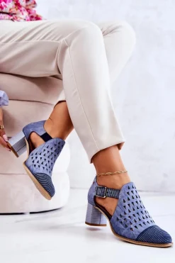 Botki Wiosenne|Botki Maciejka>Maciejka Damskie Skórzane Ażurowe Botki 04962-06 Niebieskie