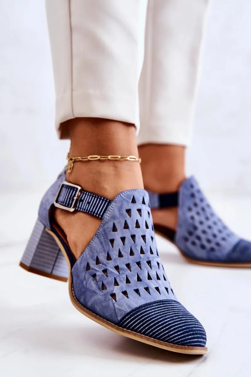 Botki Wiosenne|Botki Maciejka>Maciejka Damskie Skórzane Ażurowe Botki 04962-06 Niebieskie