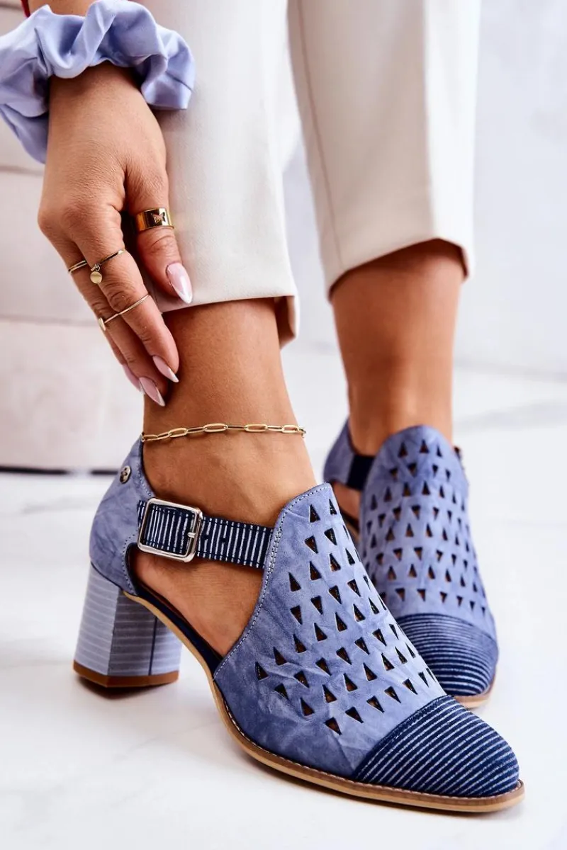 Botki Wiosenne|Botki Maciejka>Maciejka Damskie Skórzane Ażurowe Botki 04962-06 Niebieskie