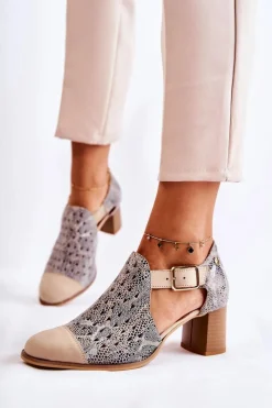 New Damskie Skórzane Ażurowe Botki 04962-04 Beżowe Damskie Botki Wiosenne|Botki Maciejka