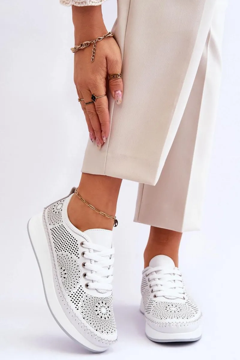 Sneakersy Damskie>Buty damskie Vinceza Damskie Skórzane Ażurowe Buty Sportowe Białe Marea